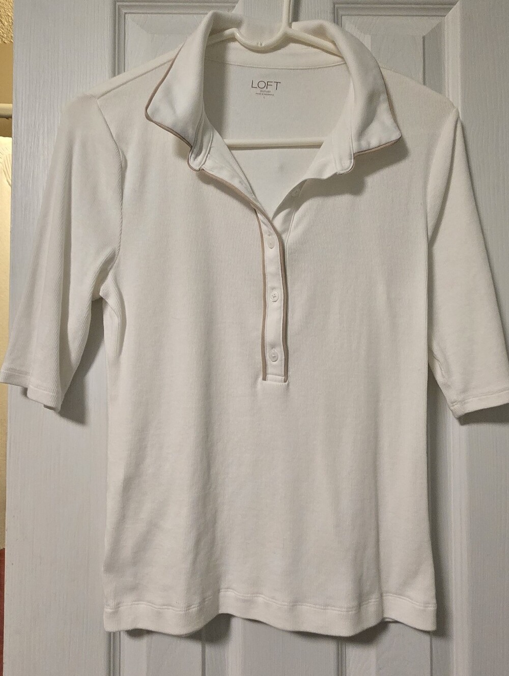 LOFT Ivory Polo Top With Tan Trim, Size Large
